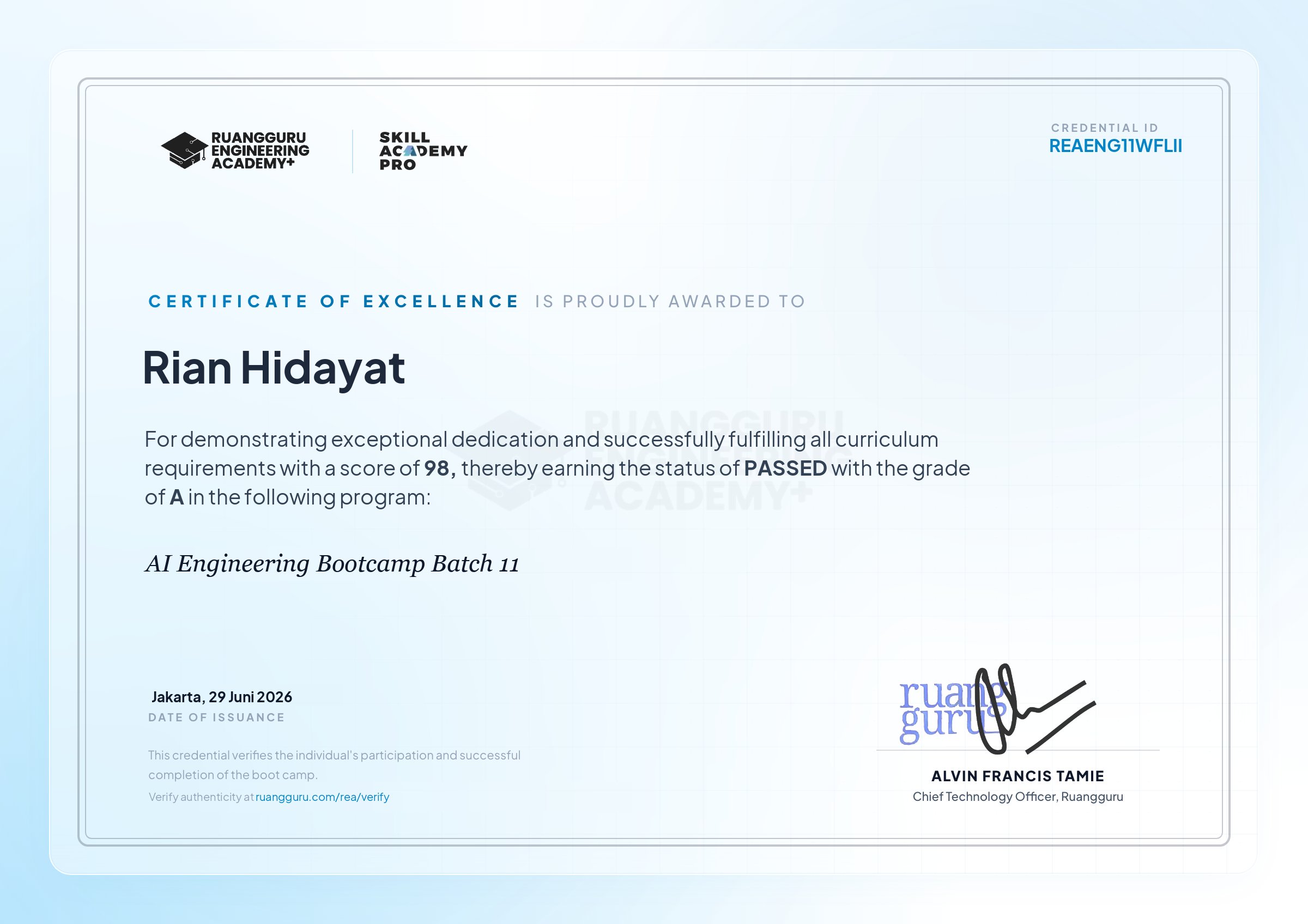 Certificate of Excellence — AI Engineering Bootcamp — Batch 11