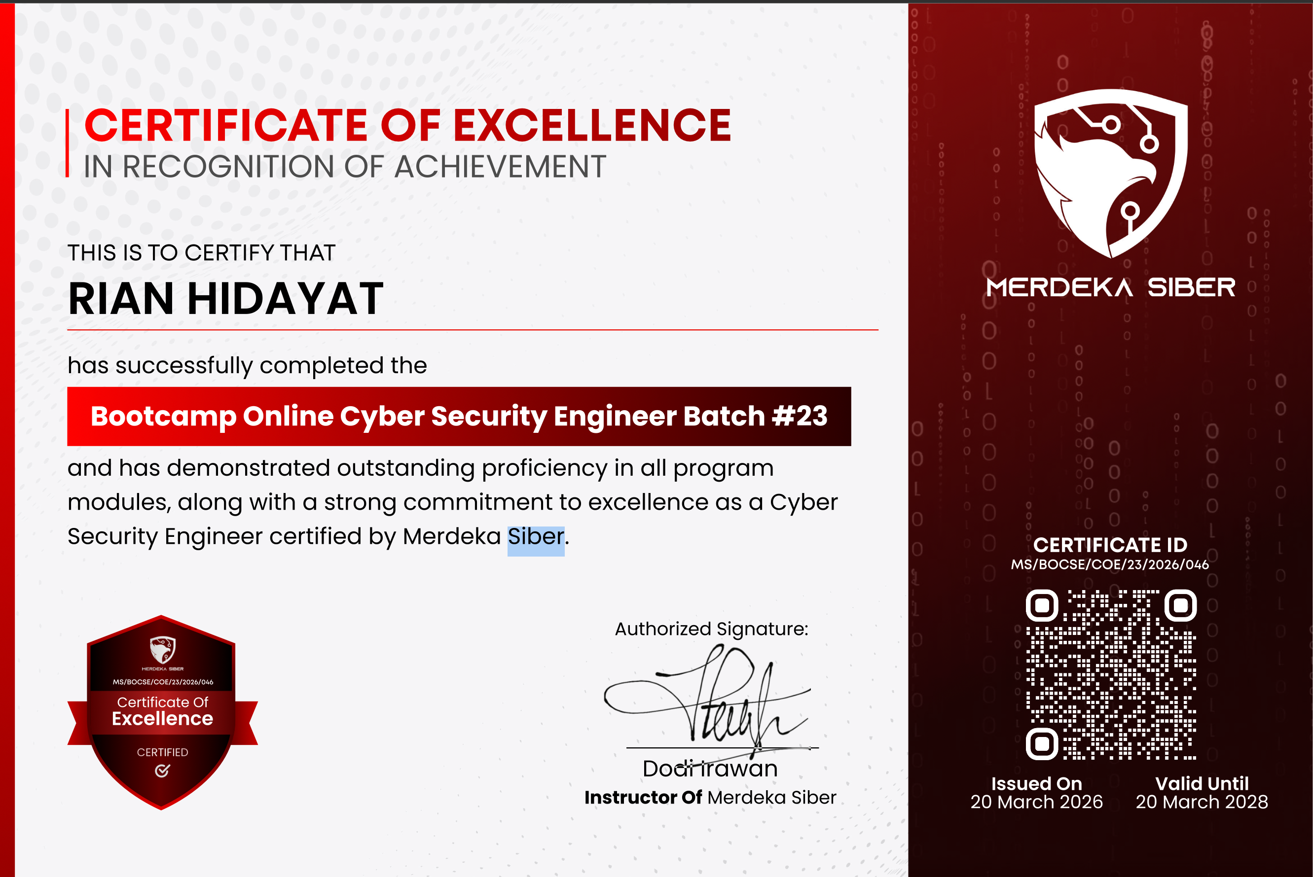 Certificate of Excellence — Cyber Security Engineer — Batch #23