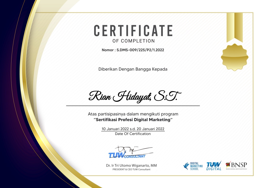 Certificate of Completion — Sertifikasi Profesi Digital Marketing