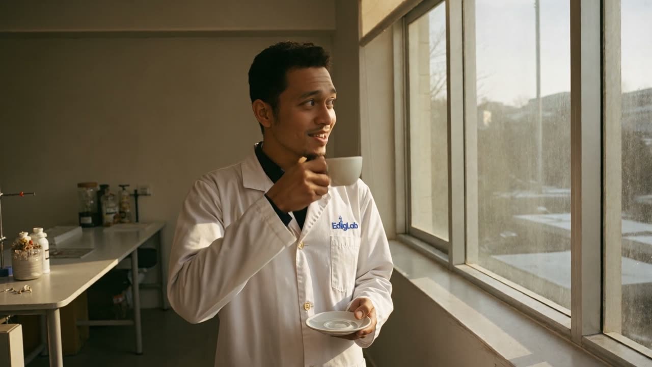 Pagi hari, peneliti lega menatap jendela